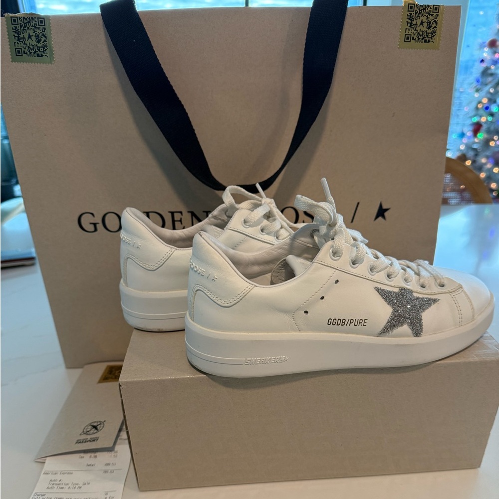 Golden Goose Purestar in white leather with silver Swarovski crystal star 37
